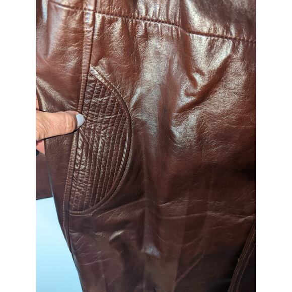 Vintage 70's Brown Leather Jacket Mid Length Trench Coat Men's 3 Button - Picture 4 of 9